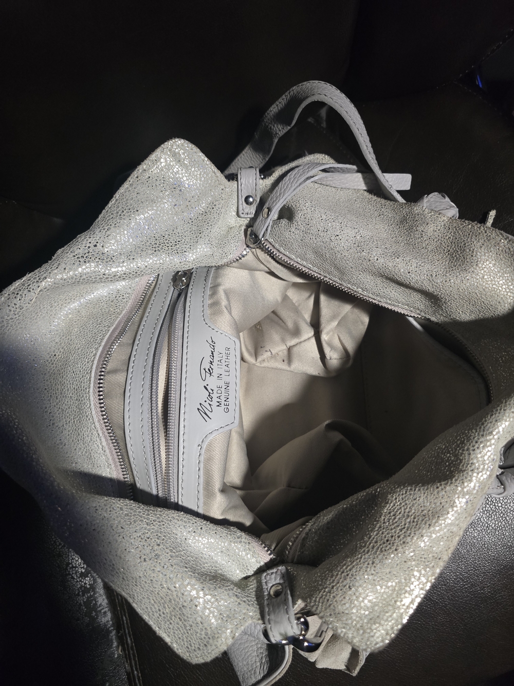 Metallic Silver Genuine Leather Shoulder Tote by Mia Travel